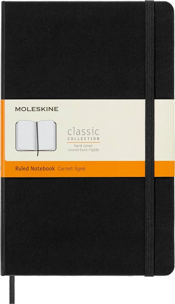 Black hardcover Moleskine ruled notebook with a label indicating 'classic collection' and specifications in English and French.